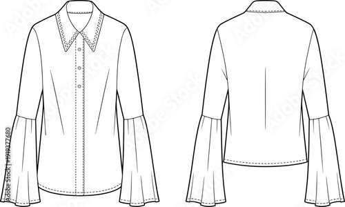 Women bell sleeve button-down blouse fashion technical flat with pointed collar detailing, apparel CAD shirt template for sewing pattern and garment design