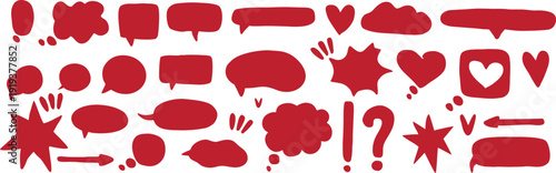Red comic speech bubbles, bursts, and punctuation doodle set. Playful hand drawn dialog shapes with hearts, stars, and question marks for pop art designs. Bold expressive graphic collection isolated.