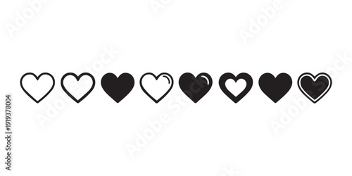 A row of eight black and white hearts on a plain background