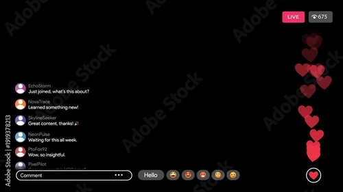 Live stream interface overlay animation in twitch or youtube. Horizontal broadcast UI with likes fountain, LIVE badge and chat comments. Content creator vlog. Webinar and online workshop overlay. 