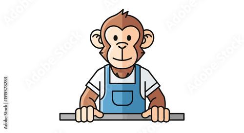 Cartoon monkey character wearing blue overalls holding a rolling pin.