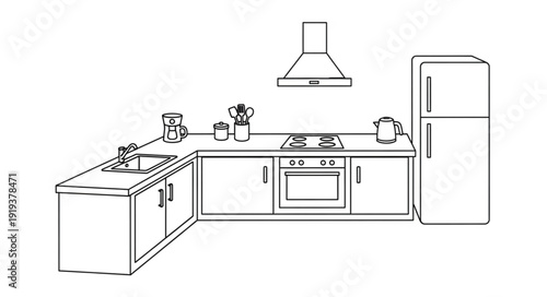 Modern Kitchen Interior Design Illustration Line Art.
