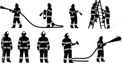 Firefighter silhouettes collection, fire rescue workers with hose axe and ladder vector illustration set isolated on white background, emergency service design