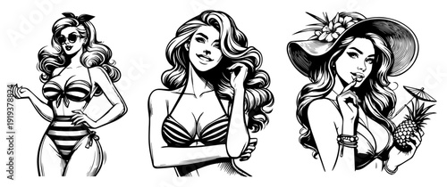 Retro Pin-up Women in Swimwear Collection in Vintage Sketch Style for Summer and Tropical Vacation Themes