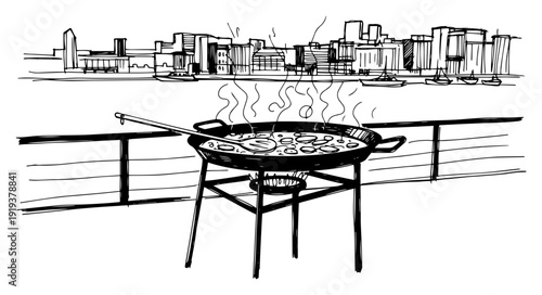 Traditional Outdoor Paella Cooking in Large Pan with City Skyline Background Sketch