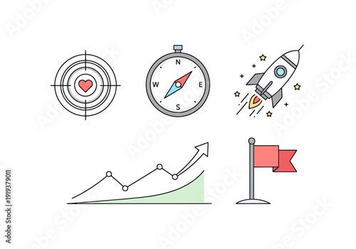 Business goals and strategy icons showing target heart compass upward graph rocket and flag for success and progress in startup ventures