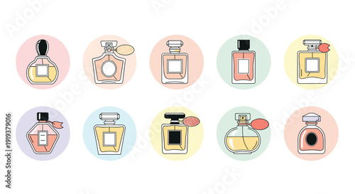 Set of ten different perfume and fragrance bottle icons in various shapes and colors presented in circular frames.