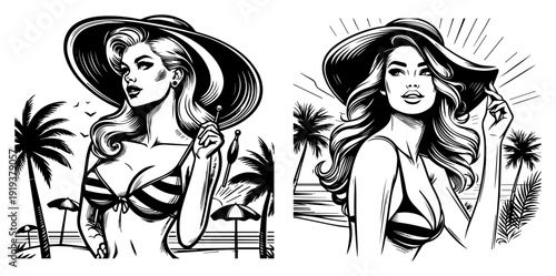 Retro Pin-up Women on Tropical Beach with Palm Trees and Summer Vacation Vibes Vintage Sketch