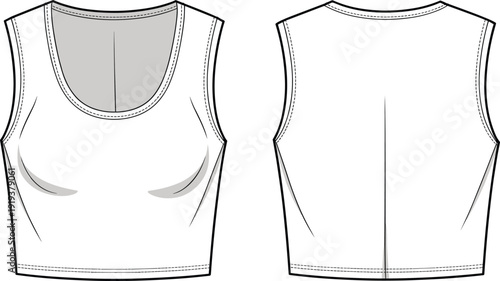 Women crop tank top flat, sleeveless athletic sports bra style fitted vest apparel template, detailed cad vector technical drawing front and back for production use