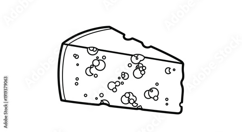 Single wedge of swiss cheese with many different sized holes shown in a simple black and white line art illustration.