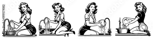 Pin-up Women Doing Housework and Washing Dishes Collection in Retro 1950s Style Sketch
