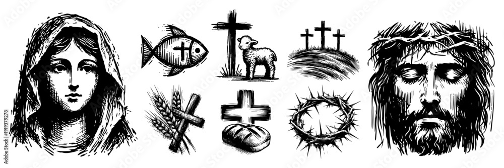 Ταπετσαρία Christian Religious Icons Set with Virgin Mary Jesus Christ Holy Cross Lamb and