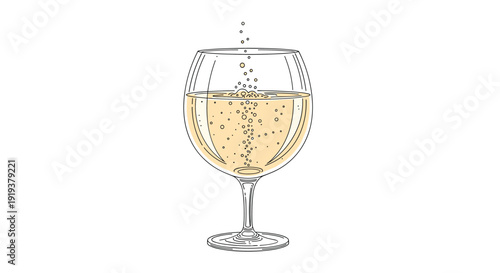Sparkling beverage in a round wine glass with rising bubbles captured in a delicate colored sketch for celebrations and formal dining occasions.
