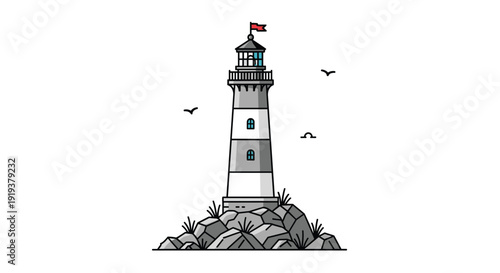 Nautical lighthouse standing on a rocky shoreline with flying seagulls is presented in a clean and modern graphic line art style for maritime.