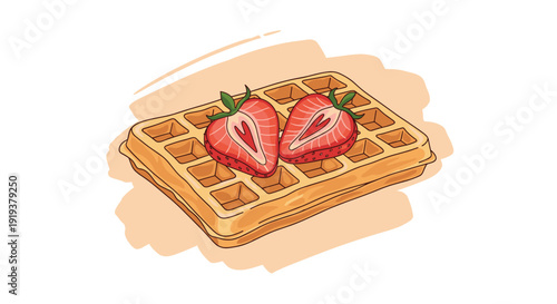 Golden brown waffle topped with two fresh strawberry halves and a soft background wash creates an appetizing illustration for breakfast menus.