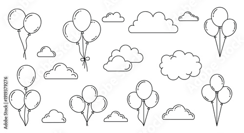 Large group of floating balloons and fluffy clouds in a simple outline style provides a whimsical and celebratory background for various events.