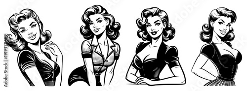Beautiful Pin-up Women Portraits Collection in Classic Vintage 1950s Fashion Sketch Style