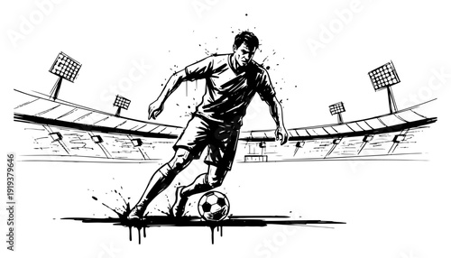 Dynamic Soccer Player Dribbling Ball on Football Stadium Pitch at Night Match Hand Drawn Sketch Line Art