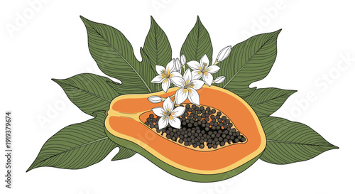 Colorful illustration of a halved papaya fruit showing black seeds surrounded by large green leaves and white blossoms.