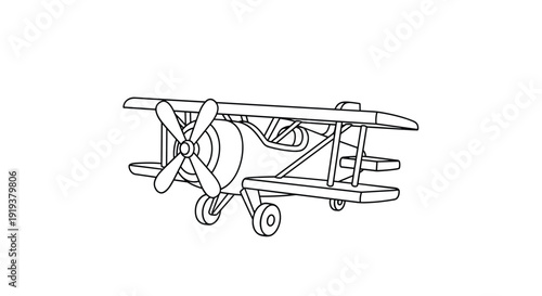 Simple black and white line art illustration of a vintage biplane toy with two wings and a large front propeller.