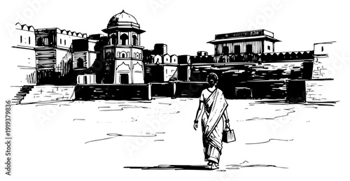 Indian Palace Architecture with Woman in Sari Traditional Heritage Landscape Sketch