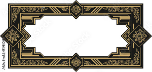 Art Deco style banner features dark background and geometric ornamental.