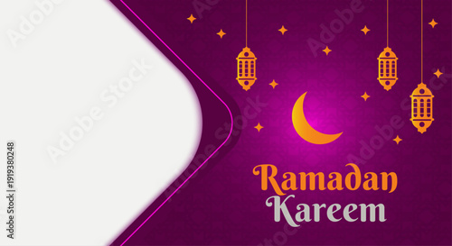 Ramadan Kareem horizontal background. Design template with purple and gold colors for greeting, promotion, celebration