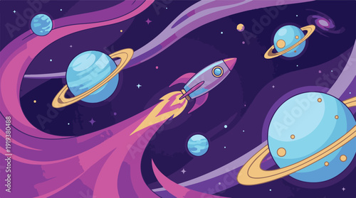 Rocket flying through vibrant space with planets and stars cartoon illustration