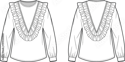 Women ruffle blouse long sleeve top front and back flat fashion sketch with deep V-neck detailing and gathered cuff design, cad drawing flat vector illustration