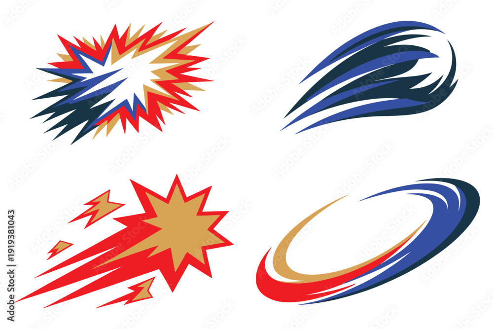 Obraz premium Set of abstract graphic elements representing explosions speed energy and motion in comic book style with vibrant colors and dynamic shapes