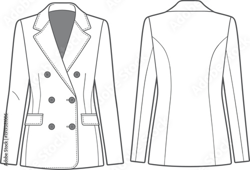 Double-breasted women’s blazer cad drawing with stitching detail, front and back fashion sketch, tailored flat vector formal clothing illustration