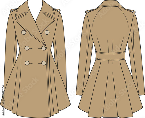 Double-breasted trench coat with shoulder epaulettes, flared hem, fitted waist, stylish buttons, CAD drawing flat vector fashion illustration