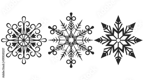 Intricate black snowflakes for winter designs and decorations