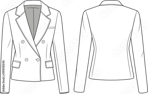 Double-breasted women’s blazer cad drawing, front and back fashion sketch, tailored jacket with topstitch detail, flat vector clothing illustration