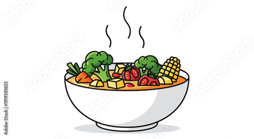 Icon of a bowl filled with various kinds of vegetables. A bowl containing healthy and nutritious vegetable soup. In cartoon vector style.