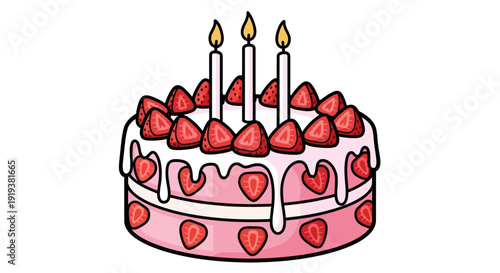 Illustration of a birthday cake with buttercream topping and sliced ​​strawberries. Vector cartoon style.