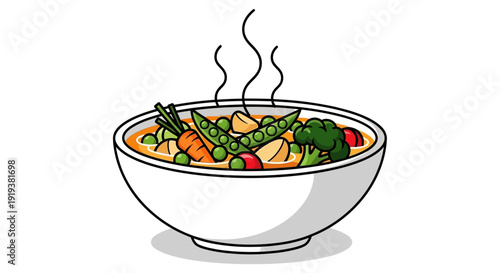 Icon of a bowl filled with various kinds of vegetables. A bowl containing healthy and nutritious vegetable soup. In cartoon vector style.