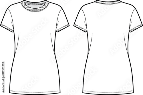 Women’s fitted crew neck short sleeve t-shirt front and back flat sketch, technical fashion design template with stitching detail, minimalist vector outline, cad drawing flat vector illustration