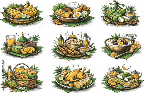 Eid al-Fitr Indonesian Hamper Basket Ketupat Opor Ayam Cartoon Vector