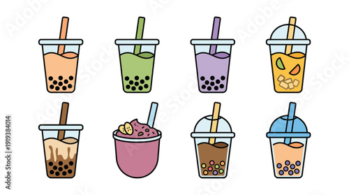 bubble tea , flat color vector set collection , white background , PNG and SVG