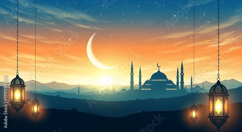 Serene mosque silhouette with crescent moon and lanterns in vibrant sky during holy month