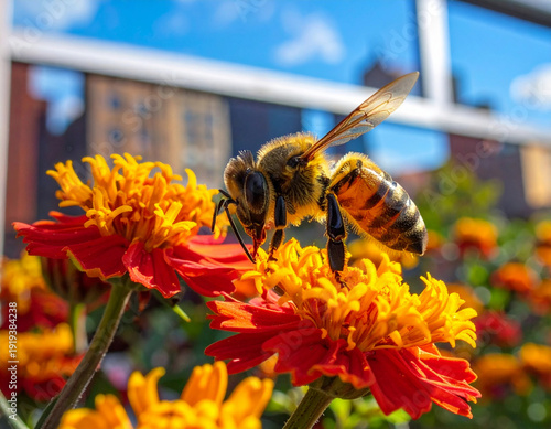 Honey bee pollinating red marigold flowers on a sunny city balcony