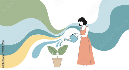 A minimalist illustration of a woman in a dress watering a potted plant with a watering can, surrounded by abstract wavy shapes in natural colors.