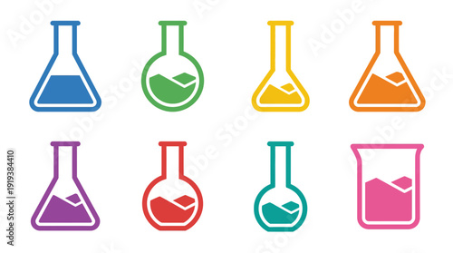 chemical flask , flat color vector set collection , white background , PNG and SVG