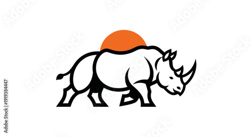 Rhino walking under sunset logo design animal vector illustration