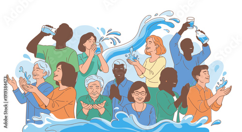A diverse group of people of various ages and ethnicities joyfully interacting with clean water, symbolizing hydration, community, and access to essential resources.