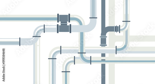 An intricate network of interconnected pipes and fittings, illustrating a complex system or flow.