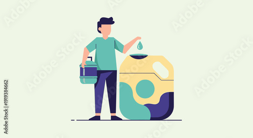 Flat illustration of a man carefully adding a water droplet to a large tank while holding a smaller jug, symbolizing water conservation and responsible usage.