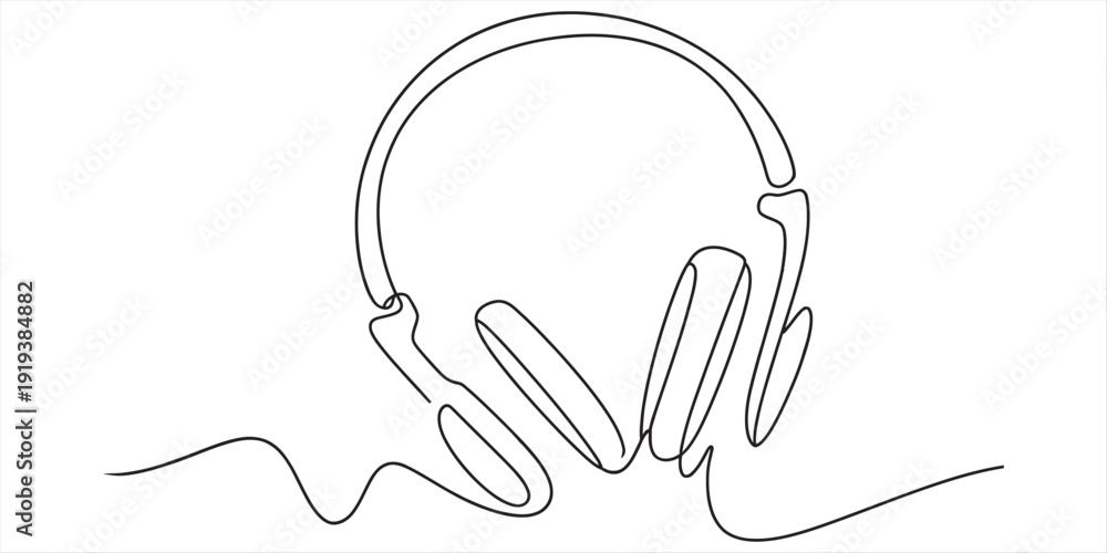 Fototapeta premium Continuous line drawing of a pair of headphones with a wavy line representing sound waves. Vector, illustration