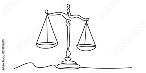 Continuous line drawing of a justice scale representing balance, law, and legal systems. Vector, illustration
